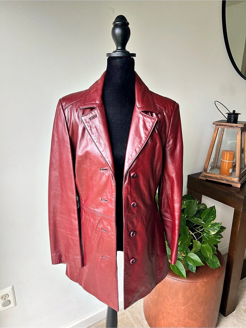 Etienne Aigner Vintage Leather Belted Jacket in Red/ Burgundy Size 12